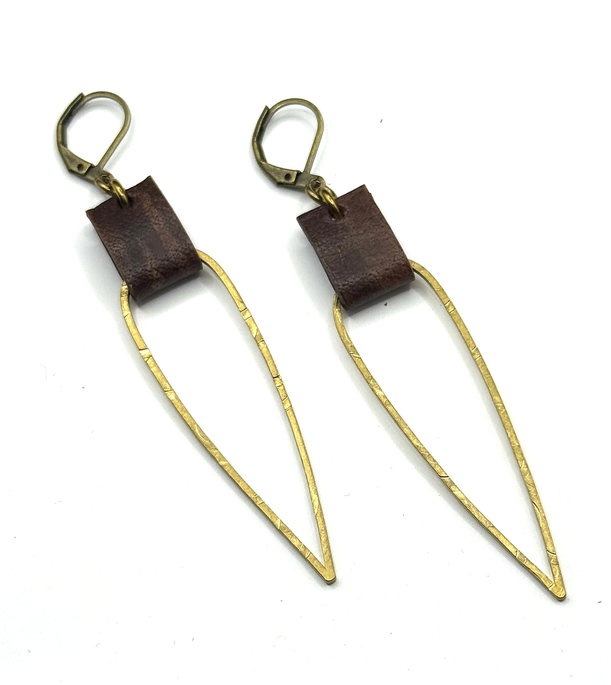 Leather & Brass Elongated Tear Drop Earrings