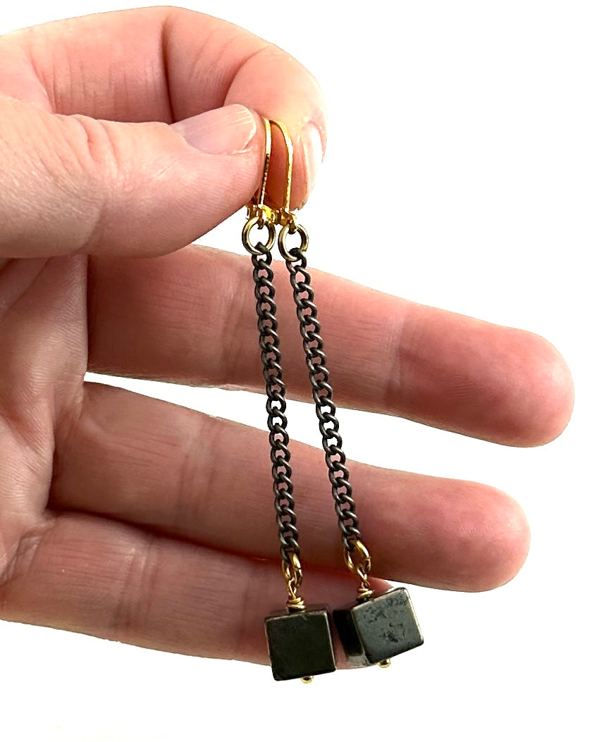 Pyrite Cube Rectangular Earrings on Chain