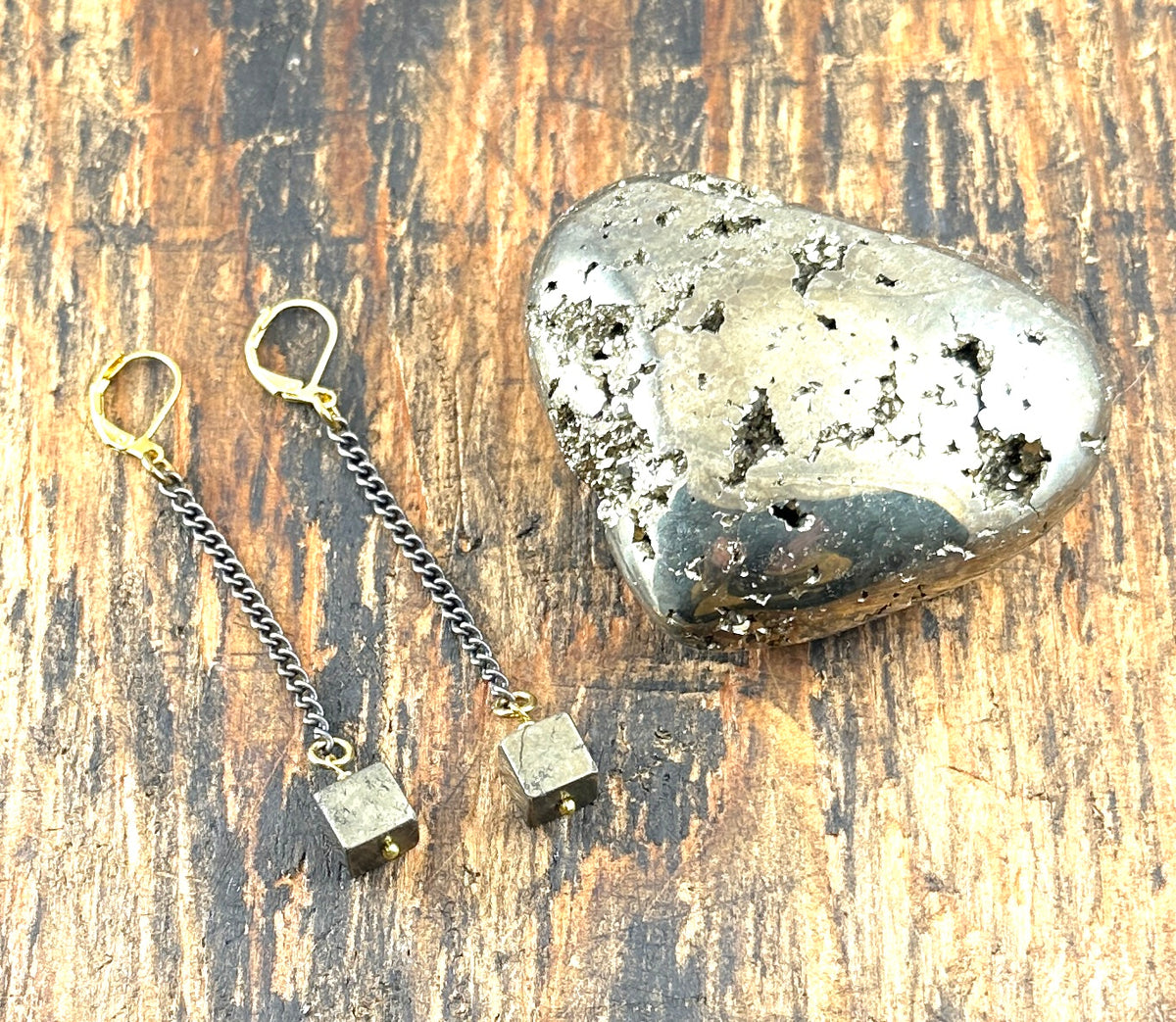 Pyrite Cube Rectangular Earrings on Chain