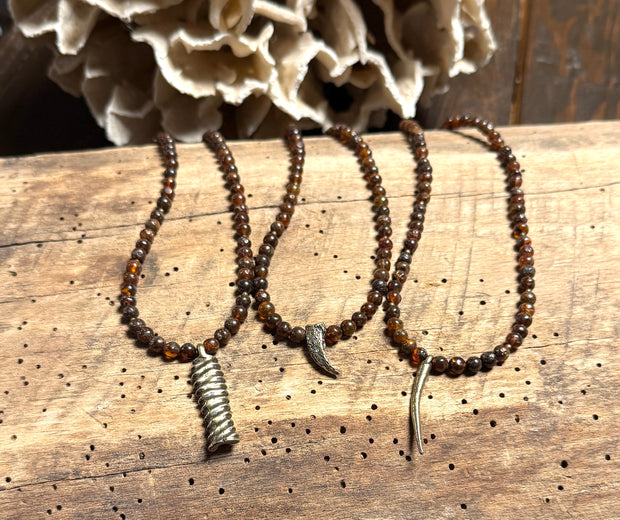 Amber Beaded Necklace With Brass Cast Pendant