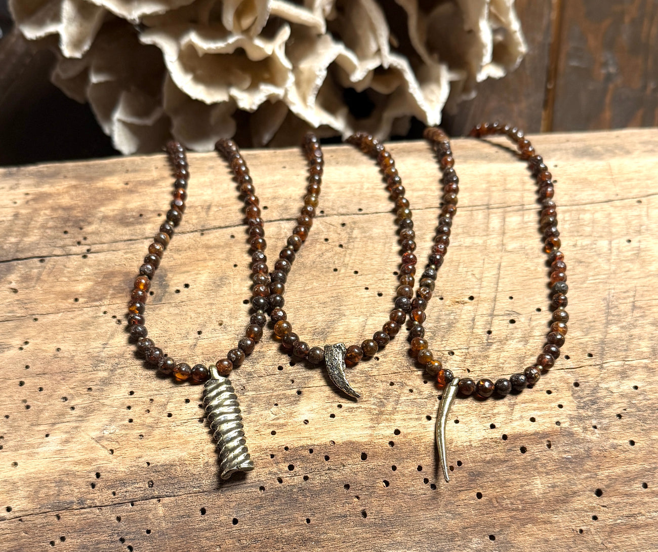 Amber Beaded Necklace With Brass Cast Pendant