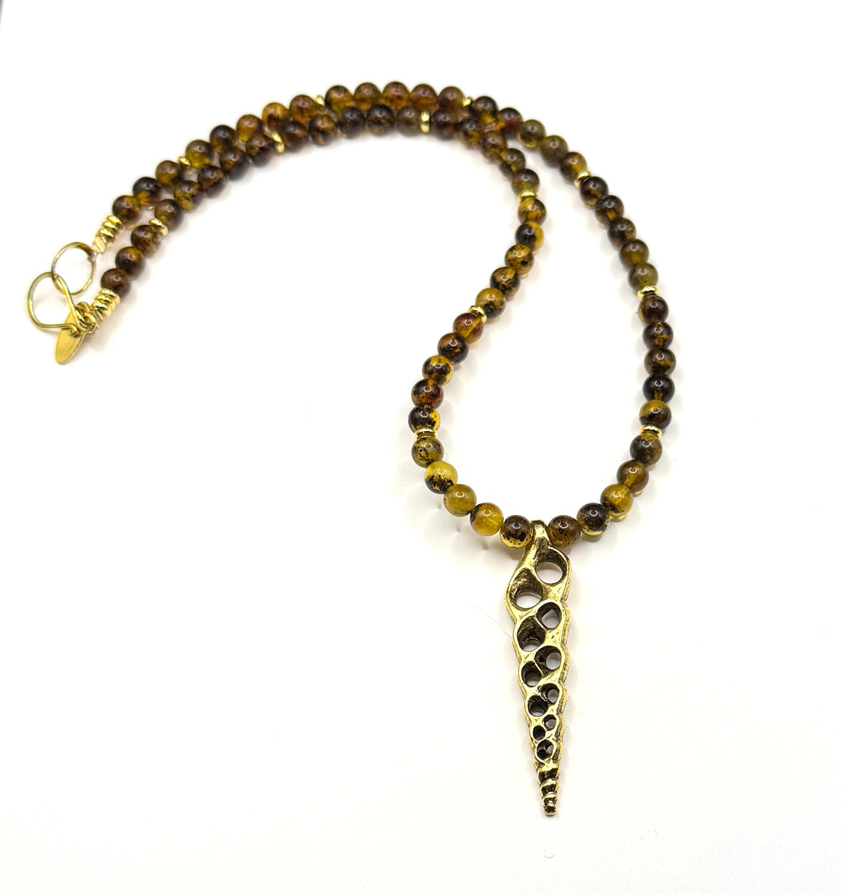 Amber Beaded Necklace With Gold Cast Pendant