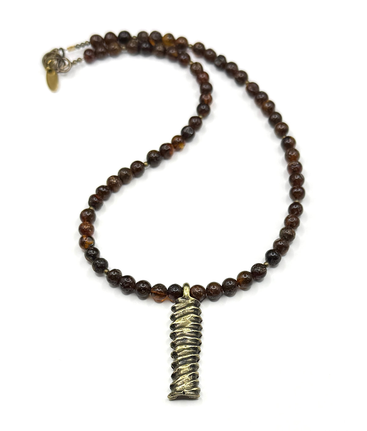 Amber Beaded Necklace With Brass Cast Pendant