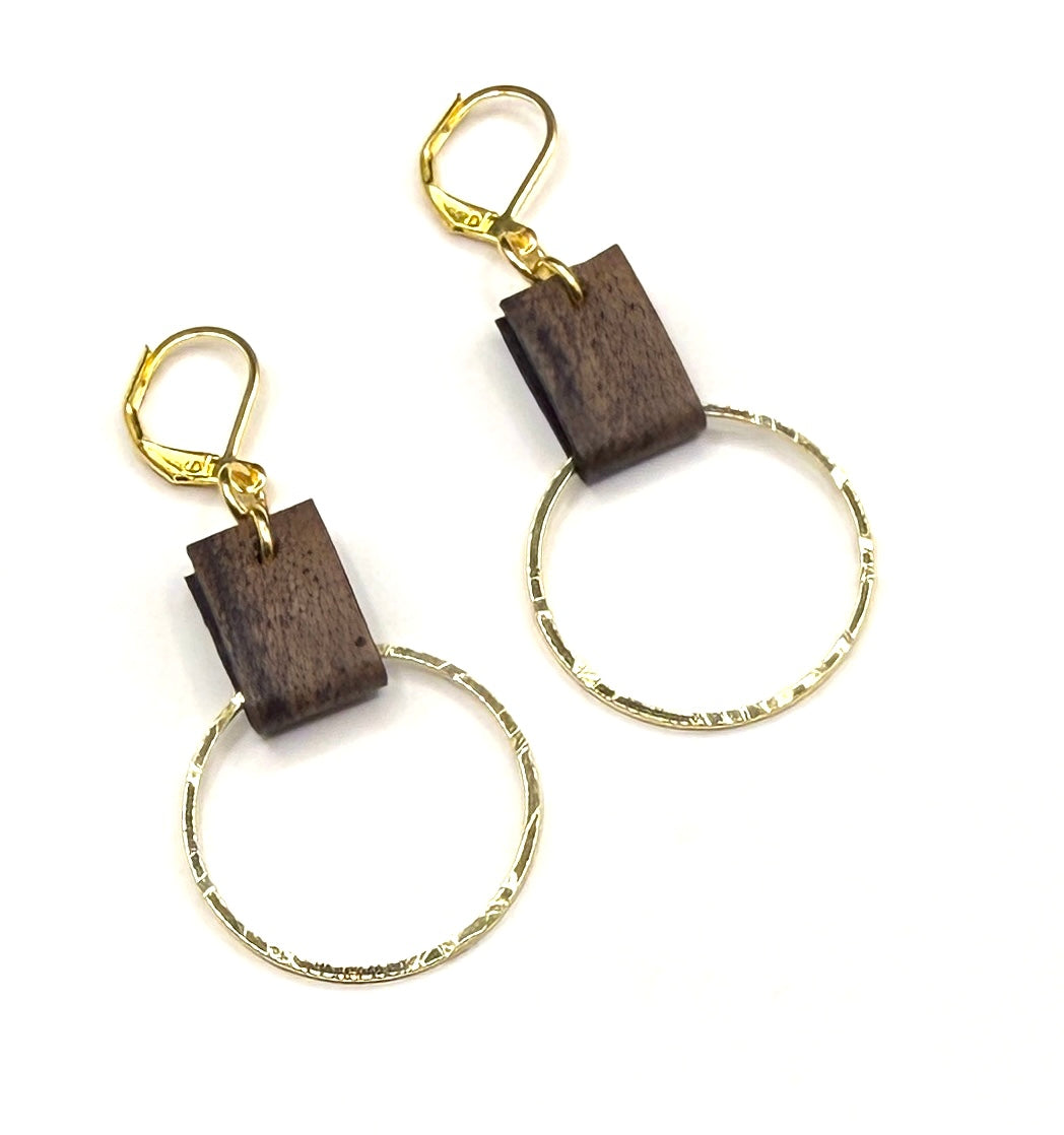 Leather & Gold Small Circle Earrings
