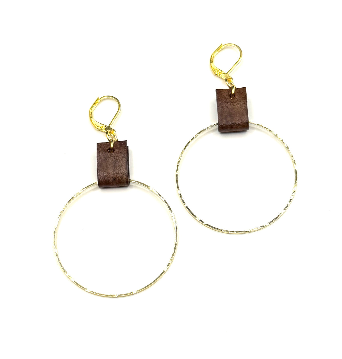 Leather & Gold Large Circle Earrings