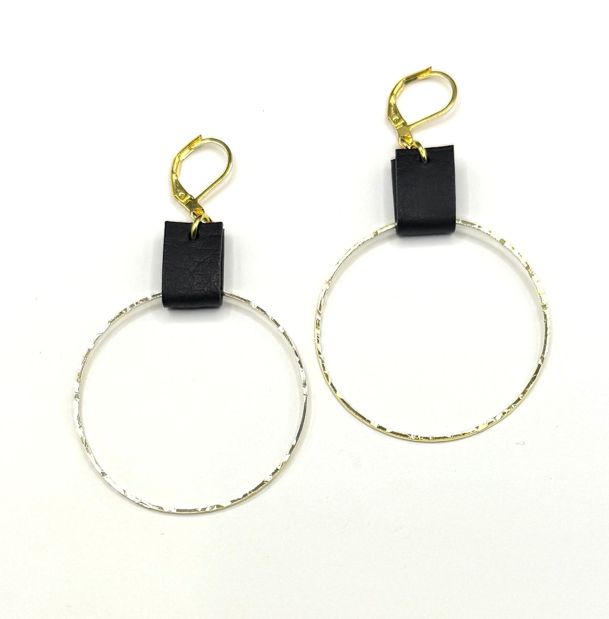 Leather & Gold Large Circle Earrings