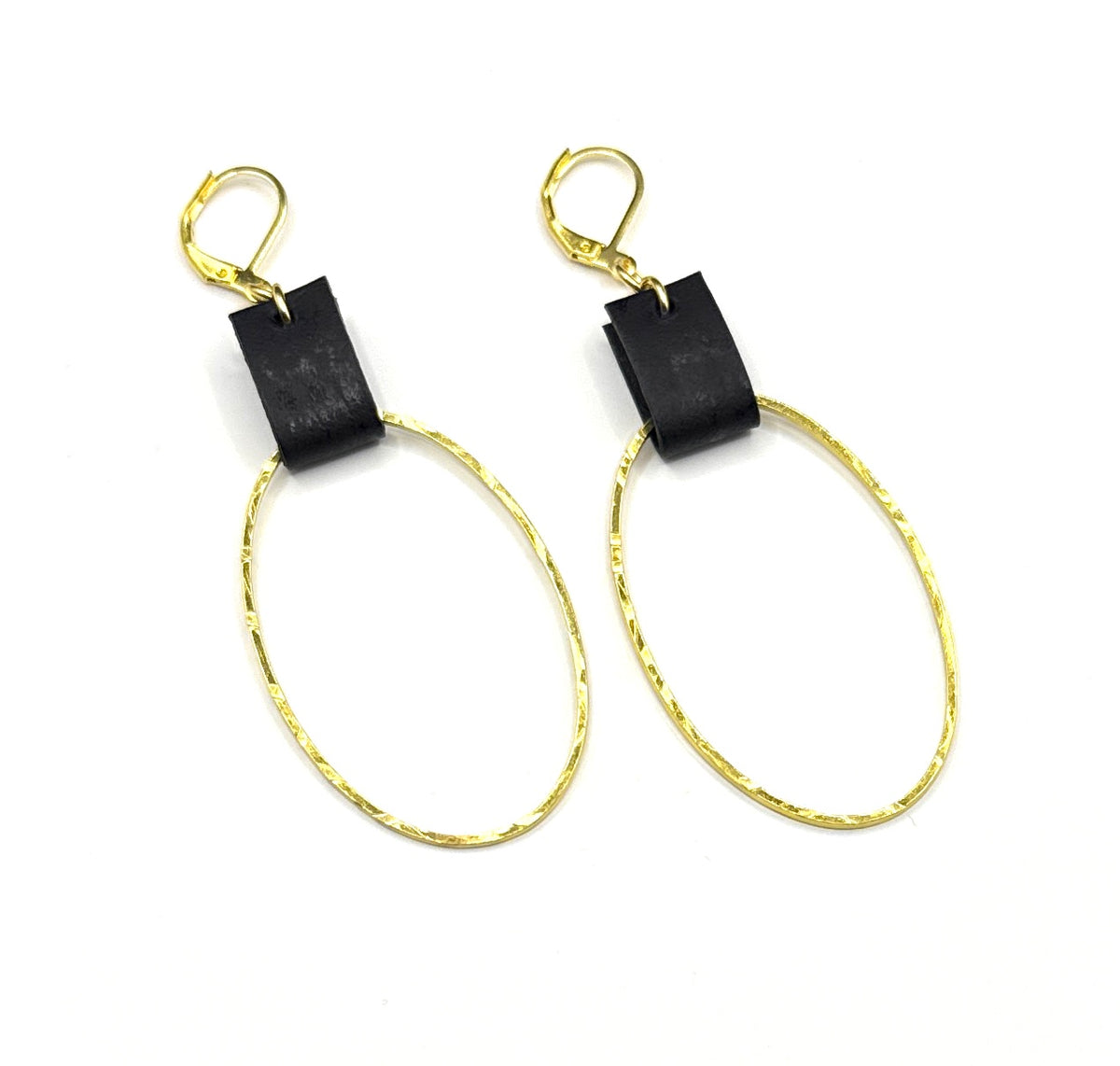 Leather & Gold Plated Oval Earrings