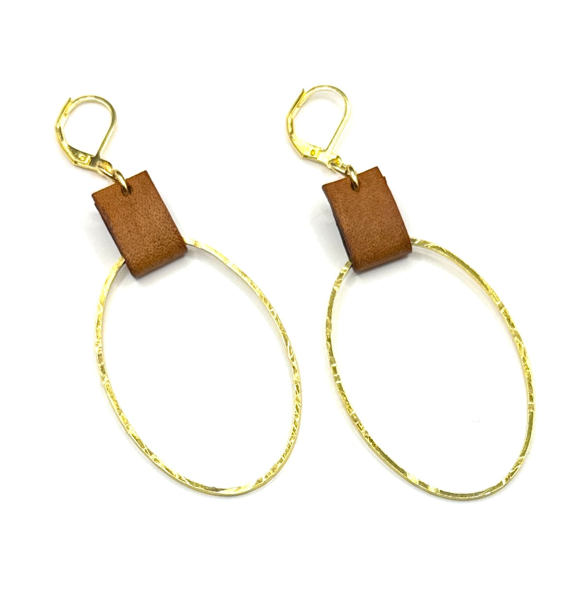 Leather & Gold Plated Oval Earrings