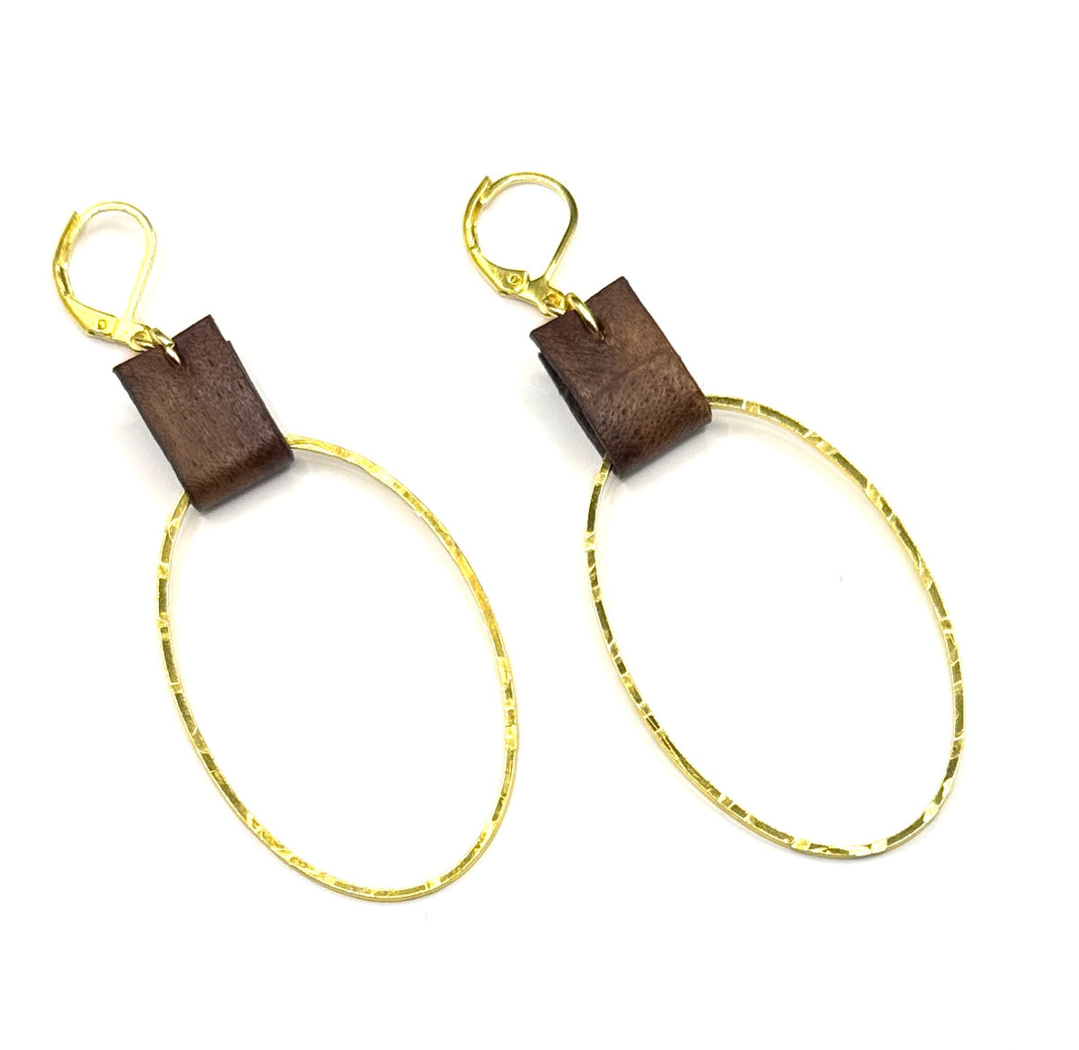 Leather & Gold Plated Oval Earrings