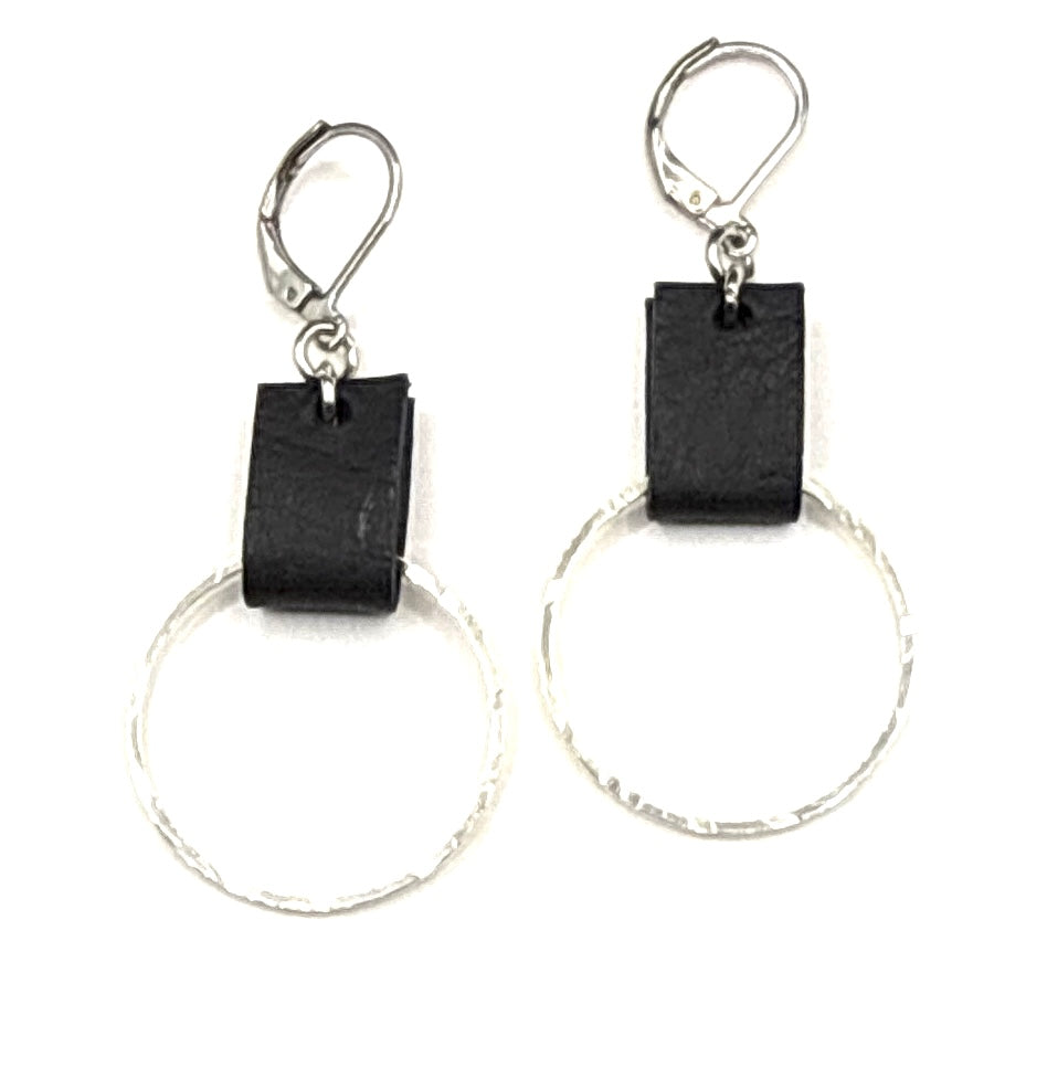 Leather & Silver Small Circle Earrings