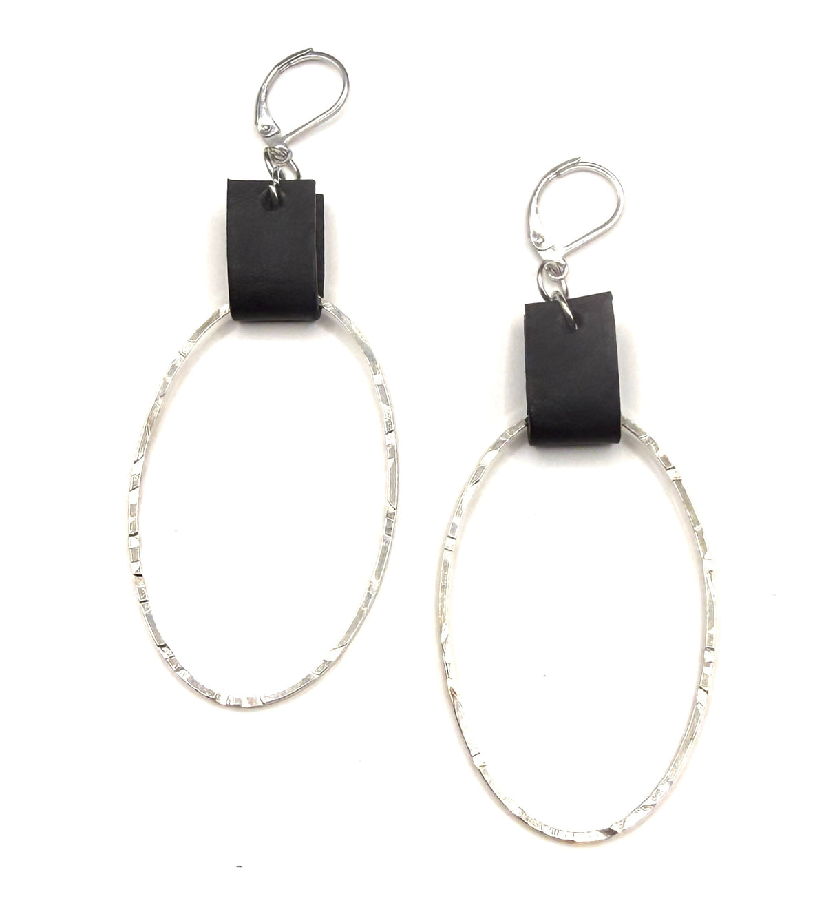 Leather & Silver Oval Earrings