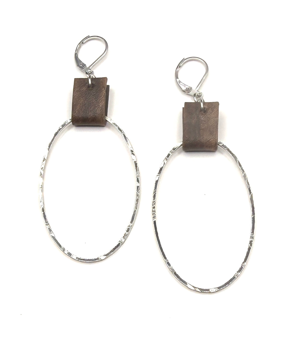 Leather & Silver Oval Earrings