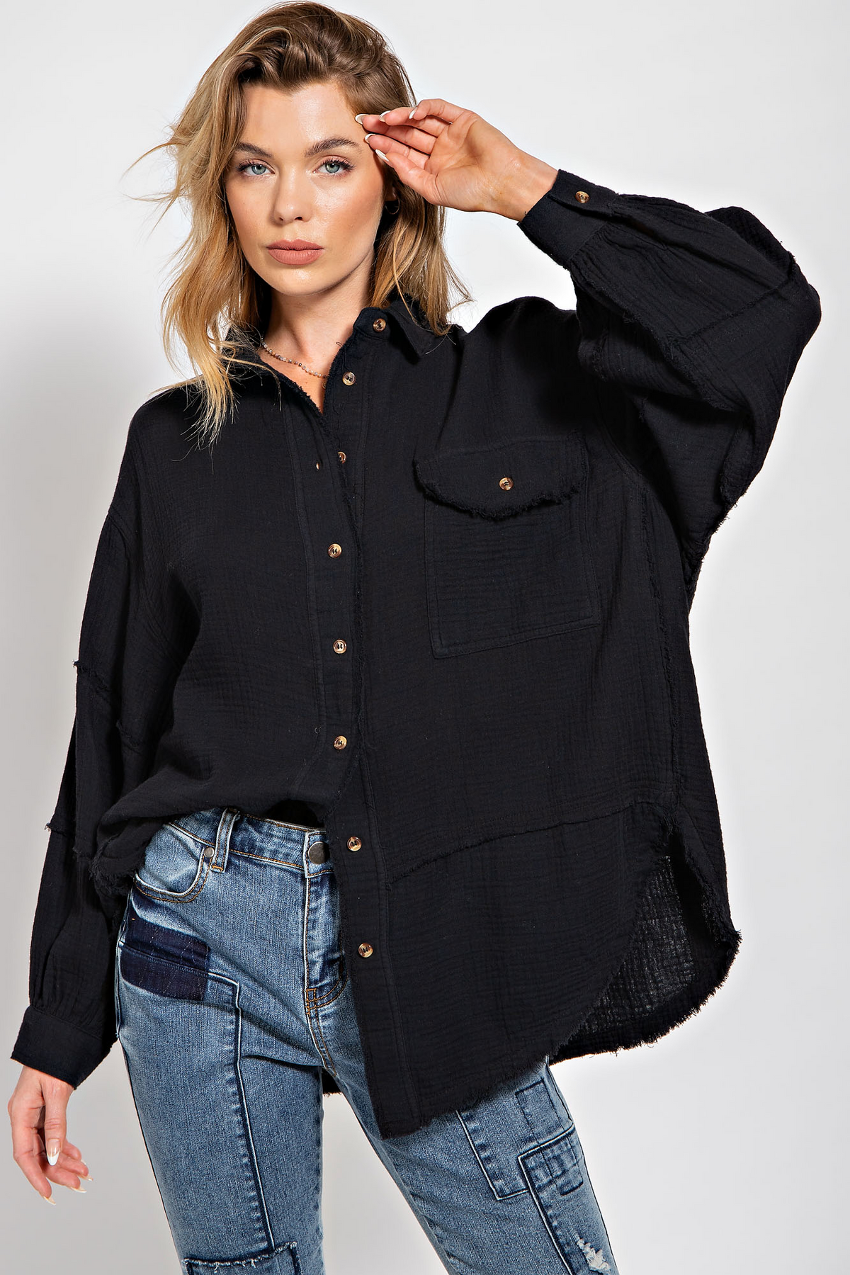 Cotton Gauze Oversized Button Down Top
