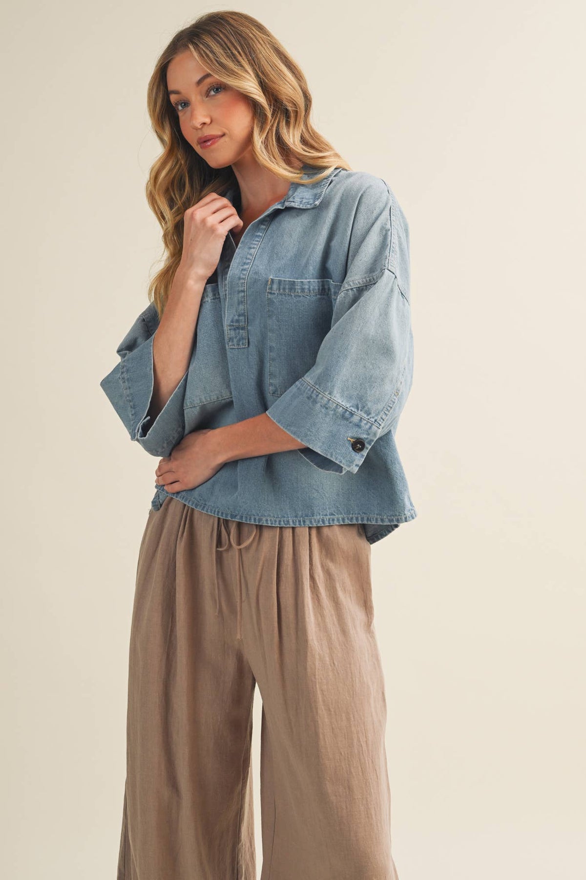 Washed Denim Dropped Shoulder Popover Top