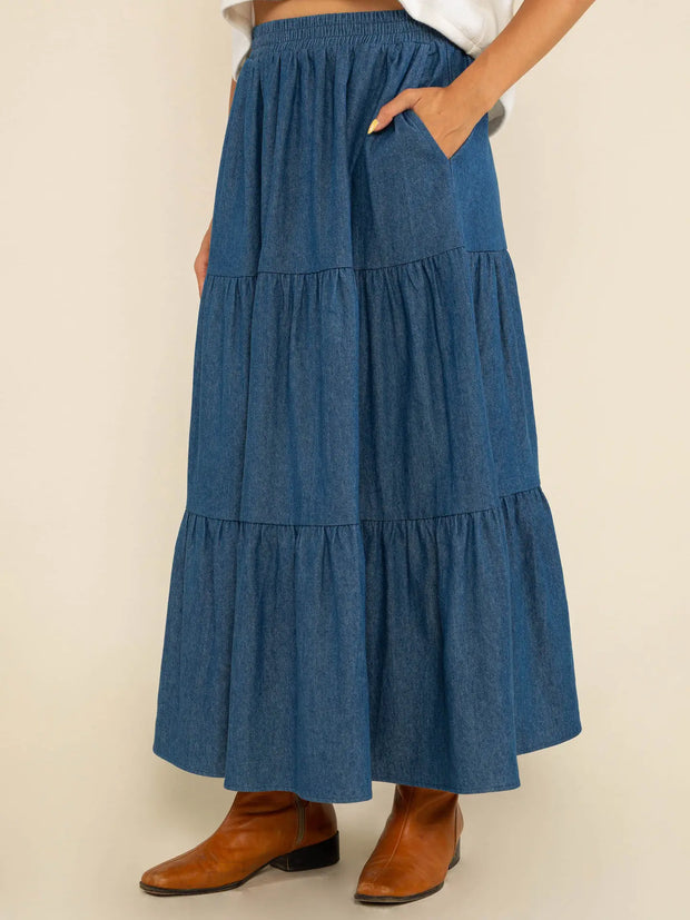 Denim Tiered Maxi Skirt