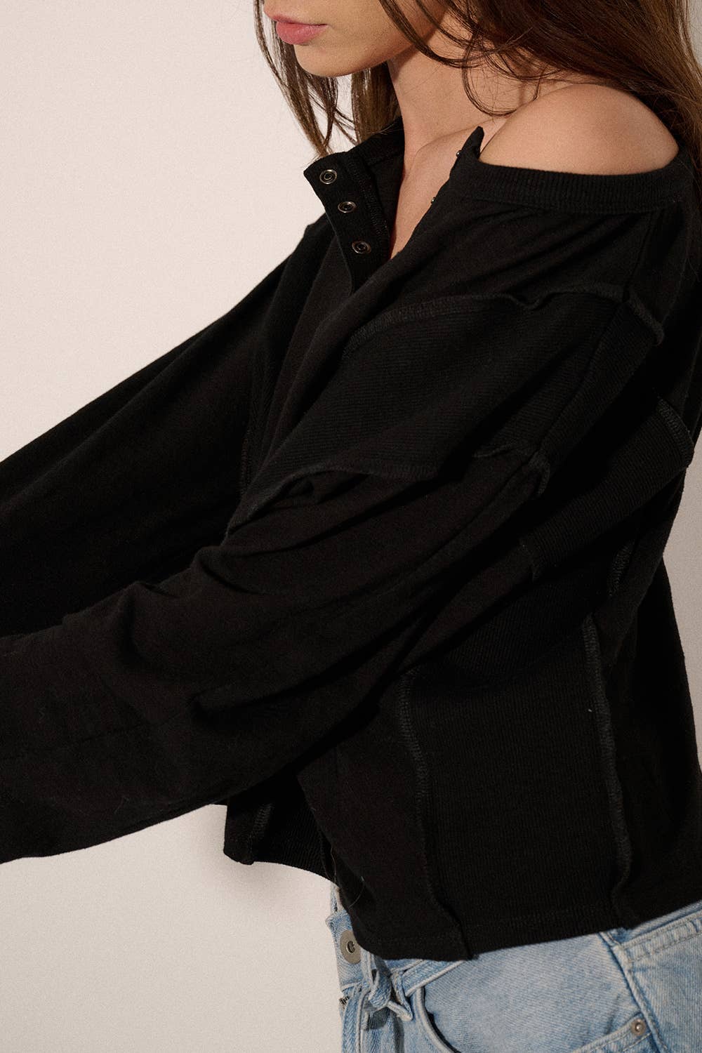 Easy Fit Slub Knit Exposed-Seam Henley Top