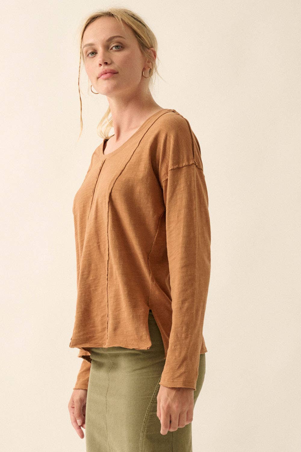 Easy Fit Mineral-Wash Slub Knit Exposed-Seam Top