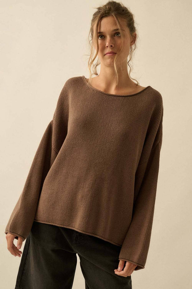 Rib-Knit Oversized Boatneck Sweater