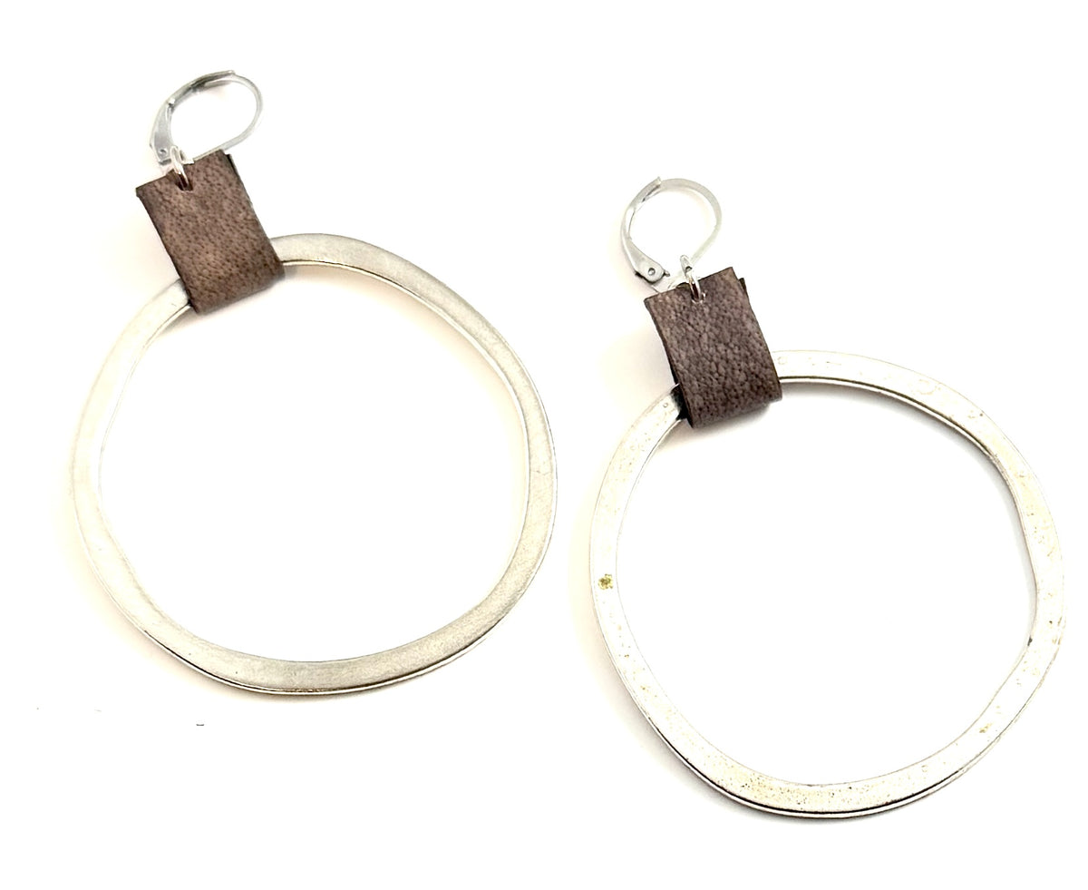 Leather & Silver Organic Circle Earrings