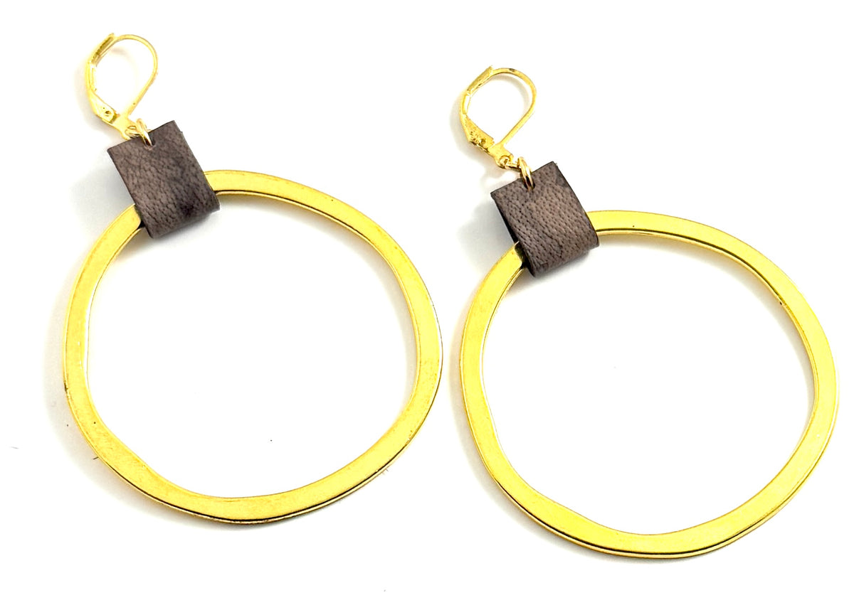 Leather & Gold Organic Circle Earrings