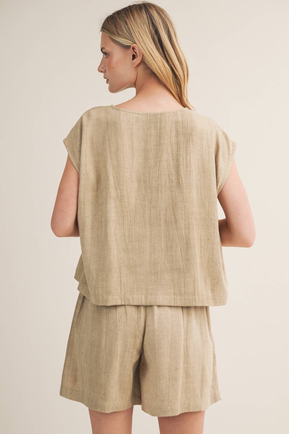 Textured Woven Split V-Neck Top