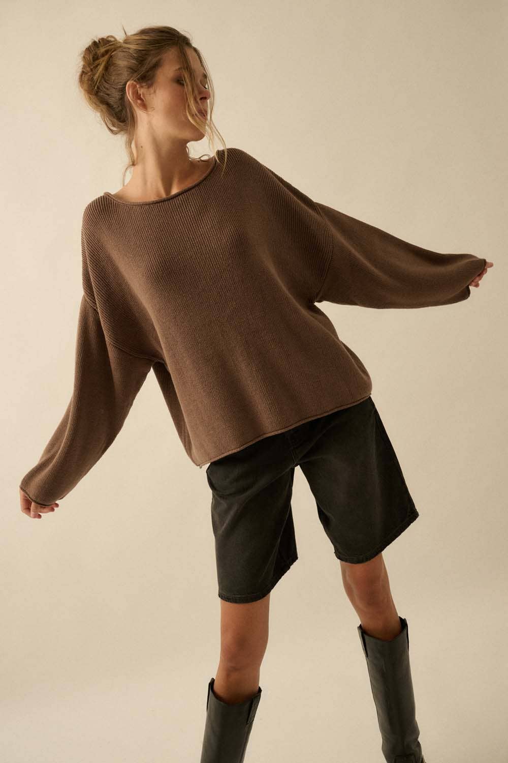 Rib-Knit Oversized Boatneck Sweater