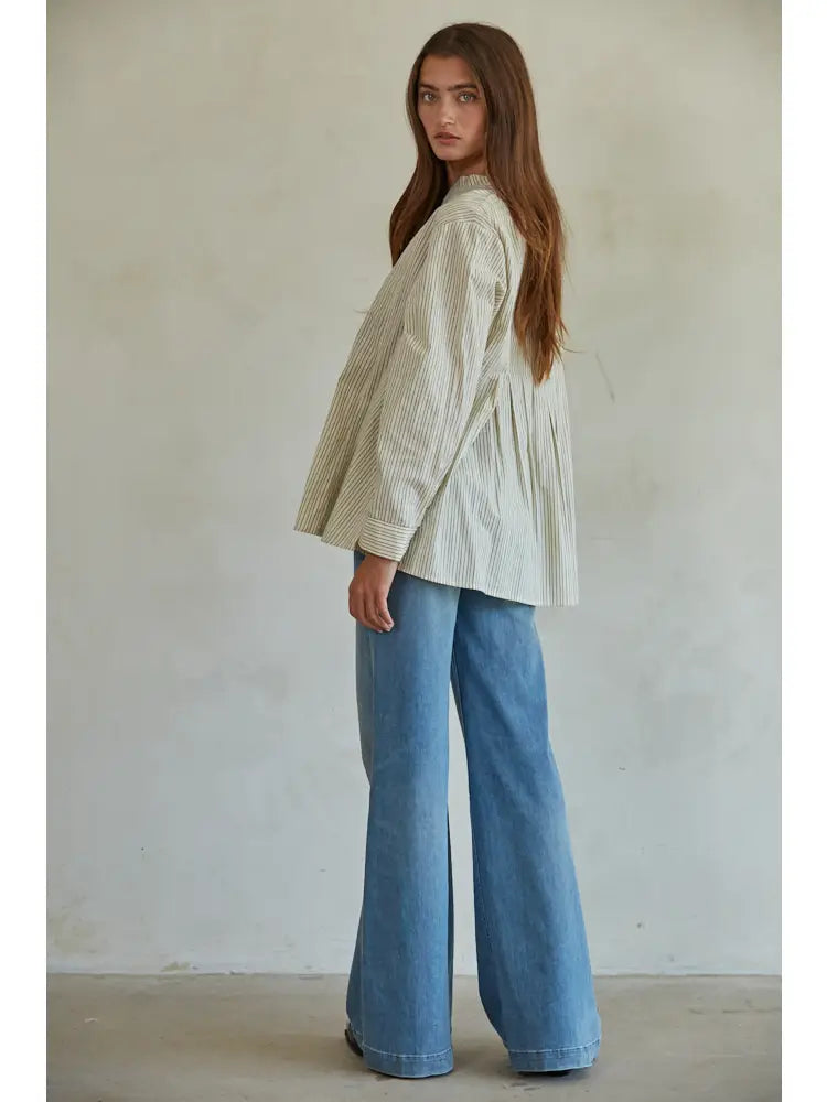 Striped V Neck Pleated Top