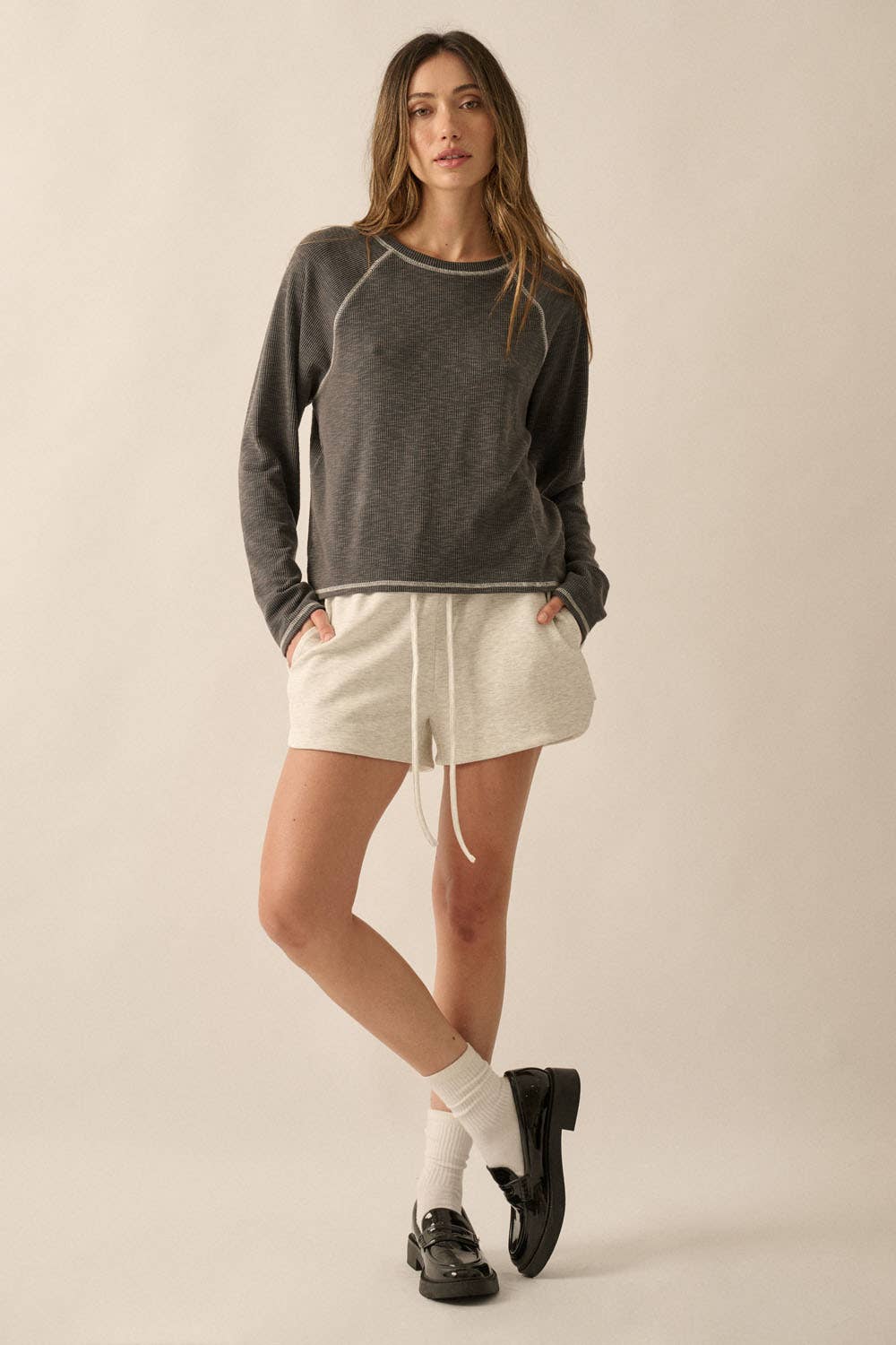 Reverse Seam Raglan Sleeve Rib-Knit Top