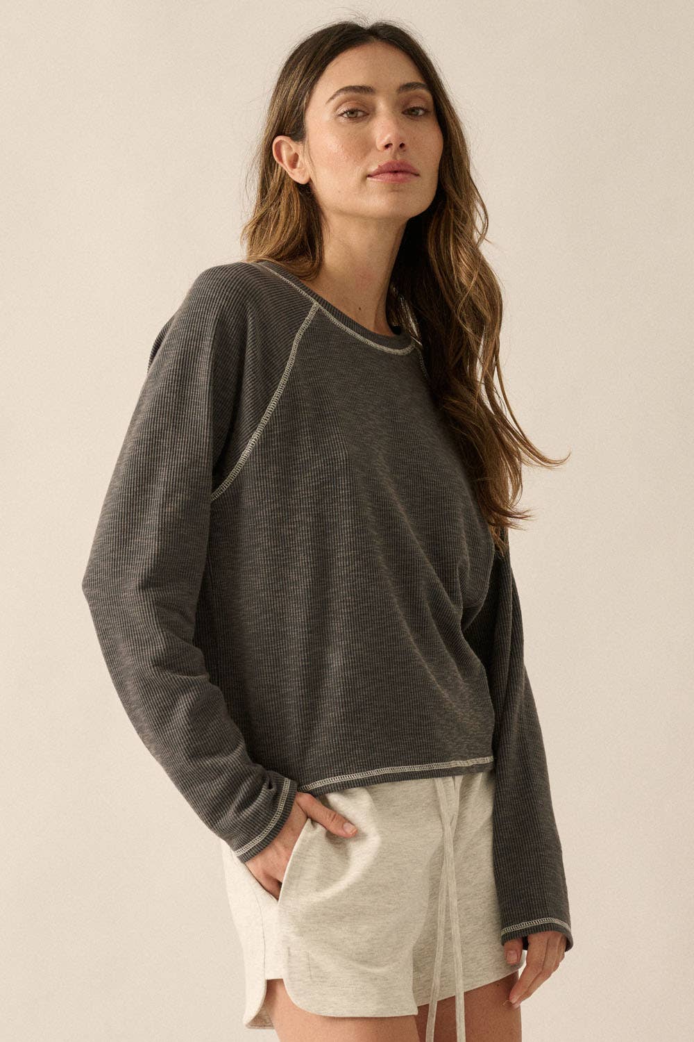 Reverse Seam Raglan Sleeve Rib-Knit Top