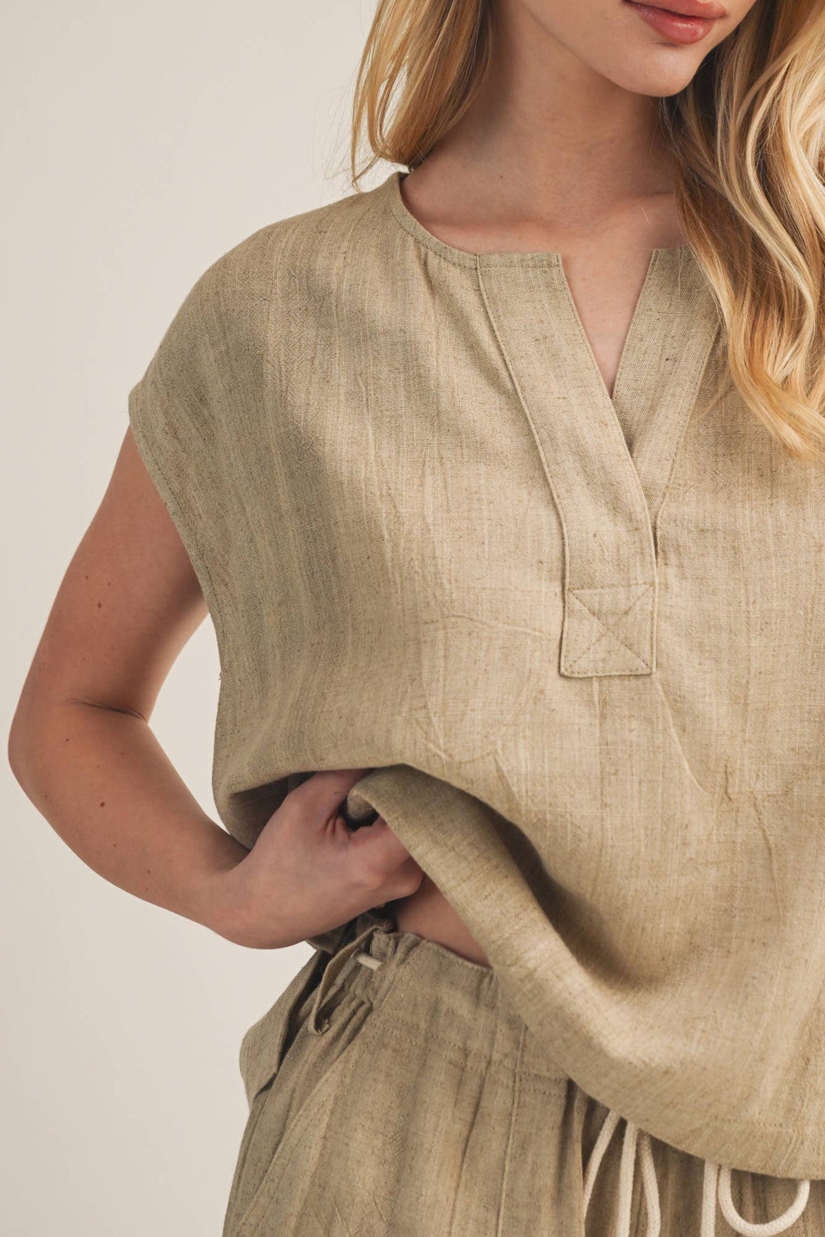 Textured Woven Split V-Neck Top