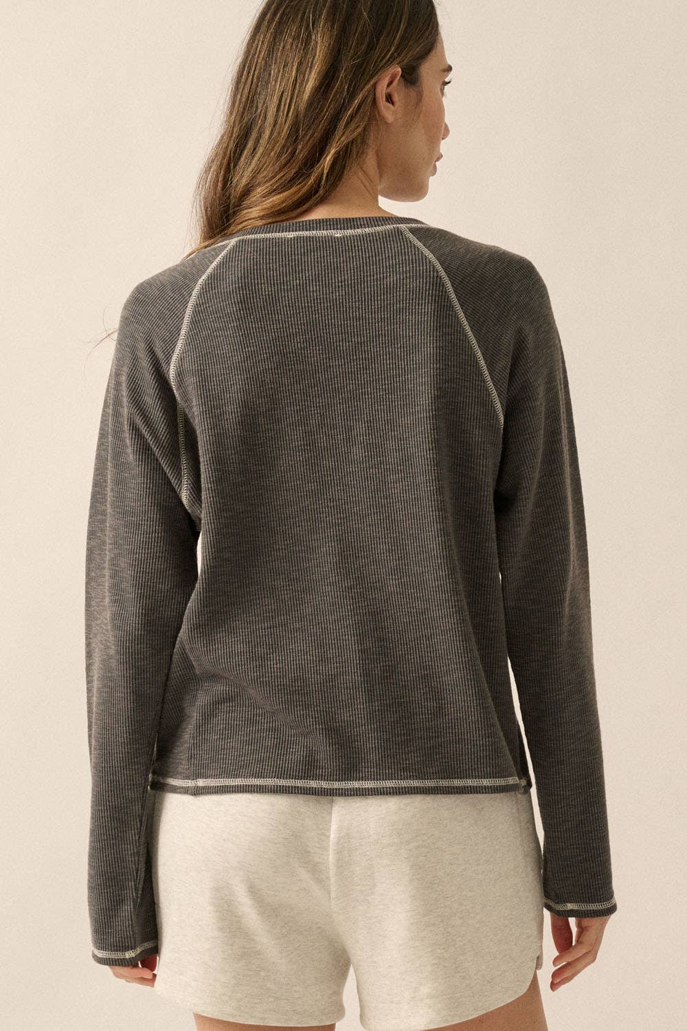 Reverse Seam Raglan Sleeve Rib-Knit Top