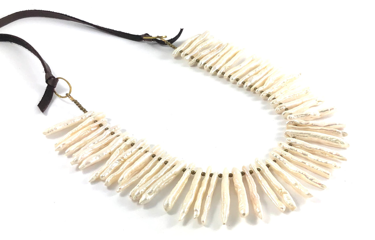 Biwa Pearl Beads on Leather Necklace - Large