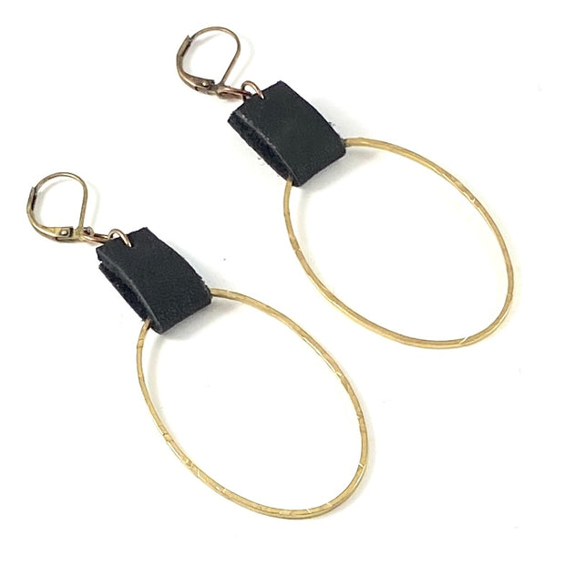 Leather & Brass Oval Earrings