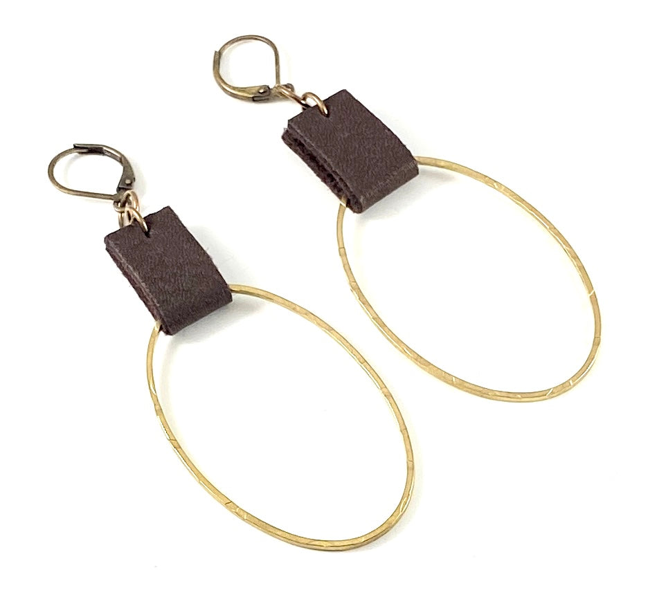 Leather & Brass Oval Earrings