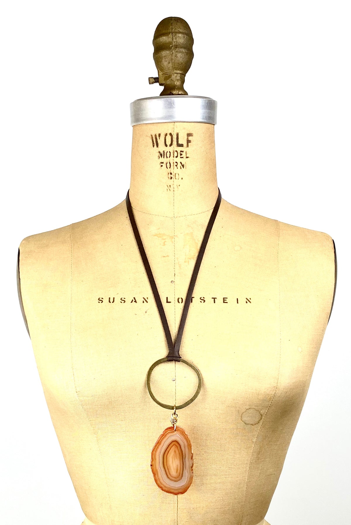 Agate Slice - Bronze Circle Leather Necklace