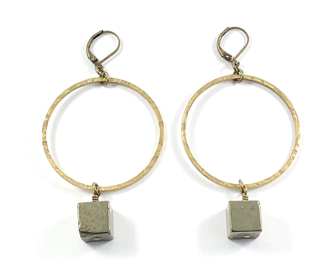 Pyrite Cube & Brass Circle Earrings