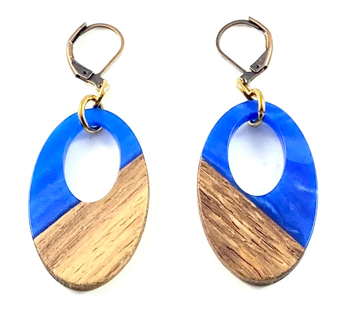 Sale Walnut Wood and Resin Oval Earrings