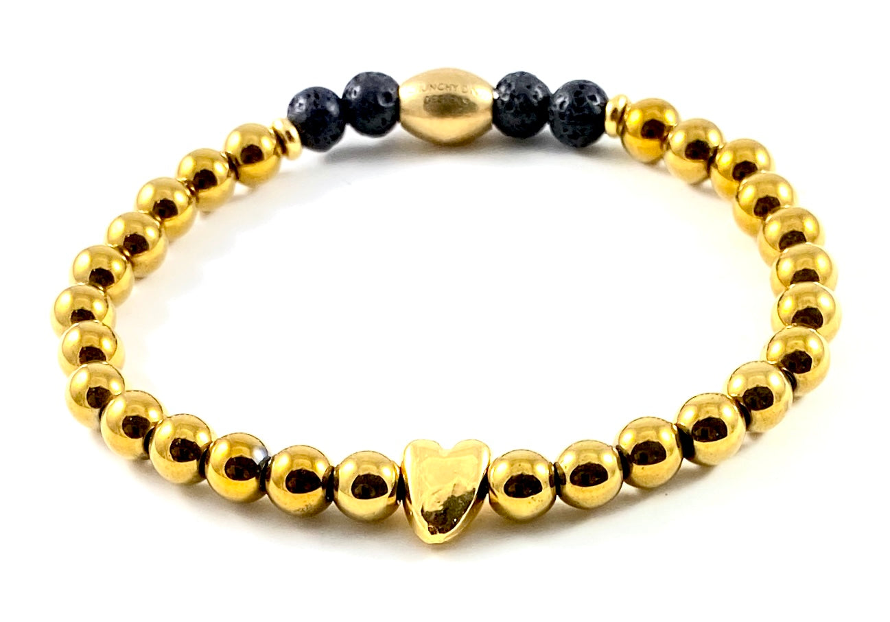 Hematite Diffuser Stretch Bracelet with Antique Gold Puffy Heart - 6mm