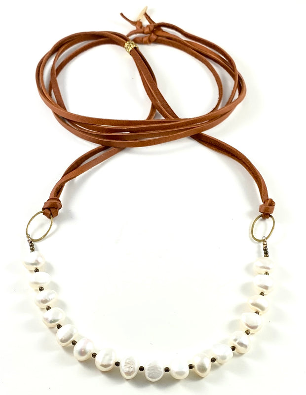 White Potato Pearl Beads on Leather Necklace