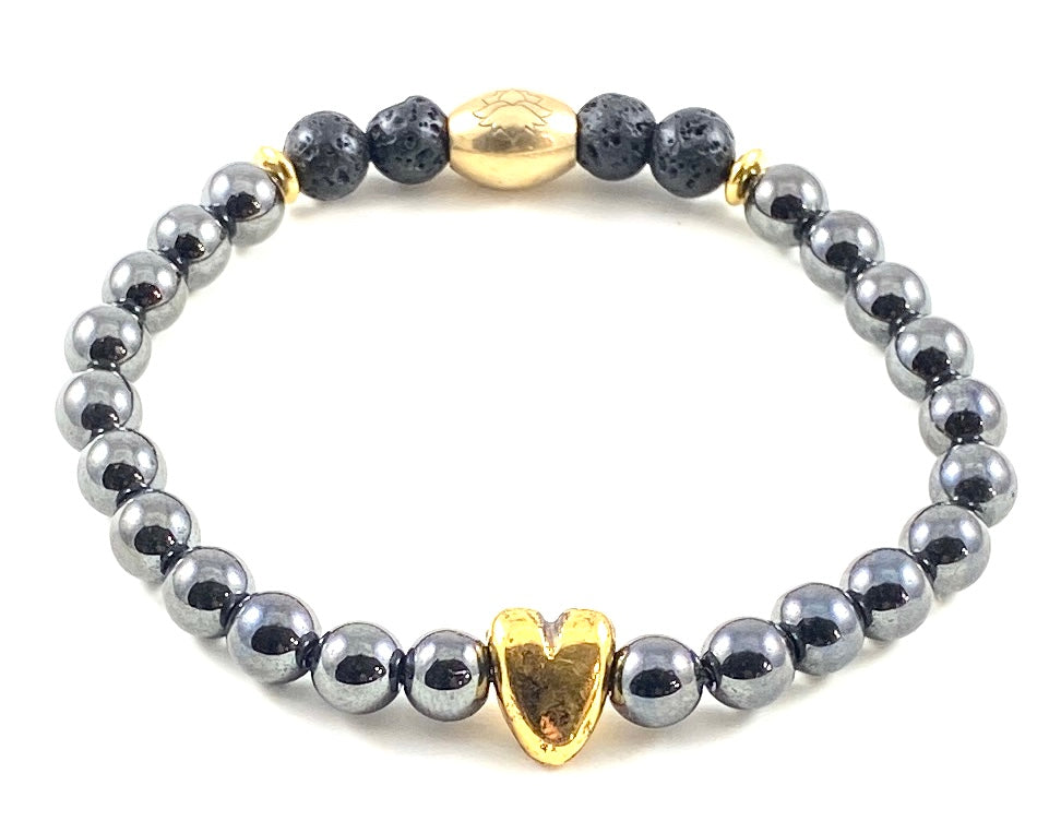 Hematite Diffuser Stretch Bracelet with Antique Gold Puffy Heart - 6mm