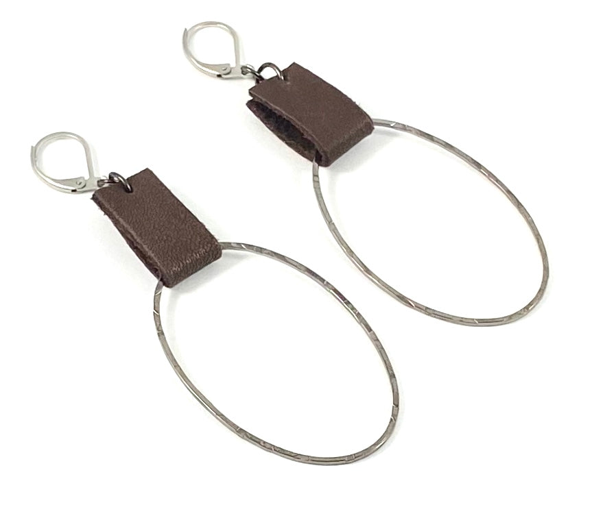 Leather & Gunmetal Oval Earrings