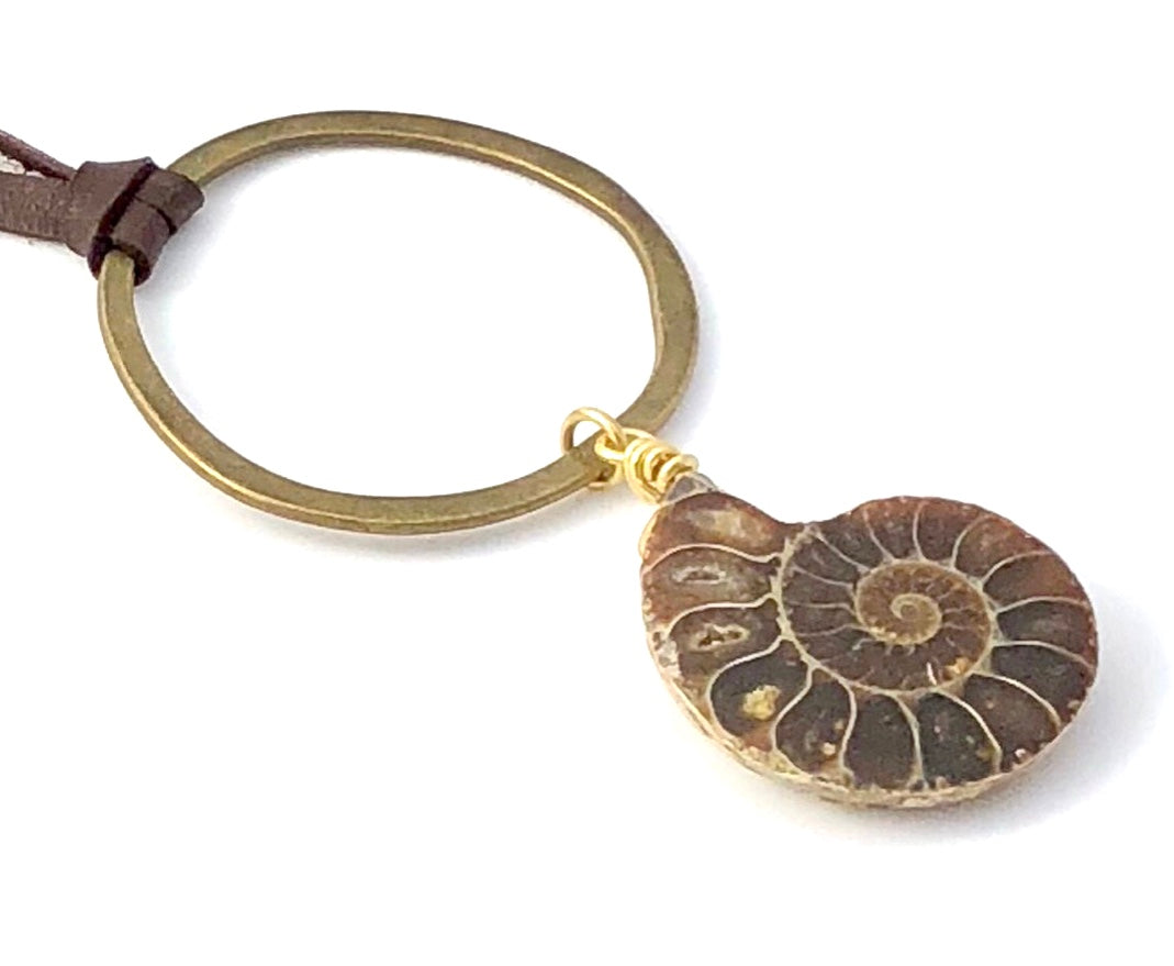 Ammonite - Bronze Circle Leather Necklace