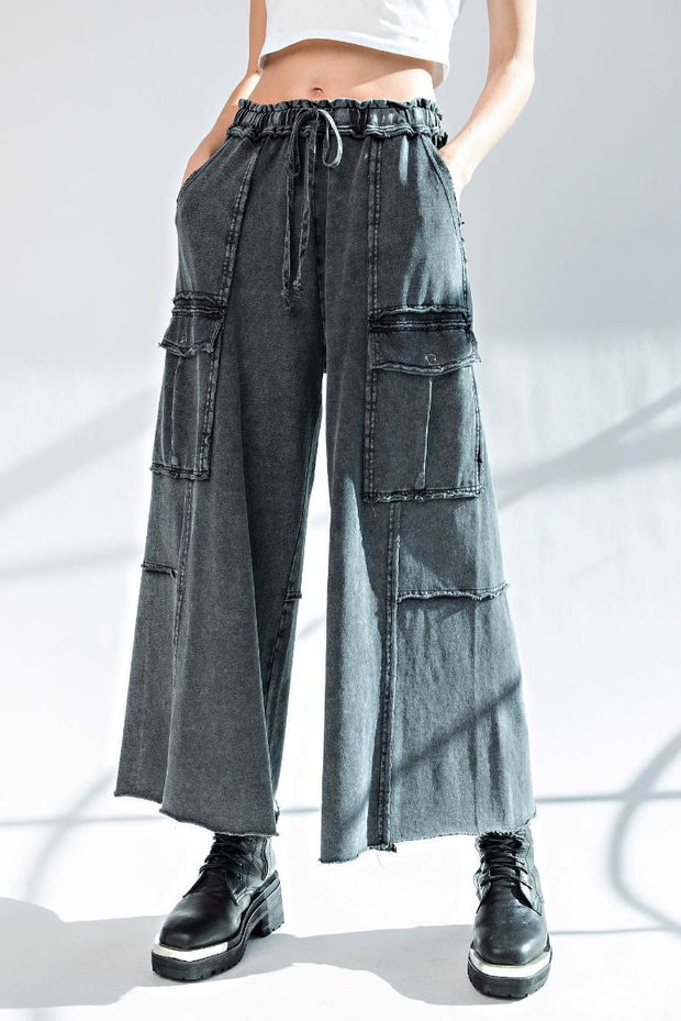 Mineral Wash Wide Leg Cargo Pants with Snap - Cotton