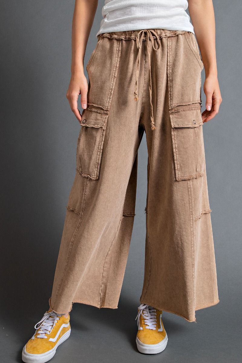 Mineral Wash Wide Leg Cargo Pants with Snap - Cotton